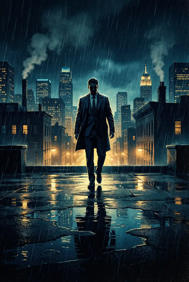 始料未及的软1v2小说 出品影片《雨夜独行者》海报，雨中城市屋顶男性剪影
